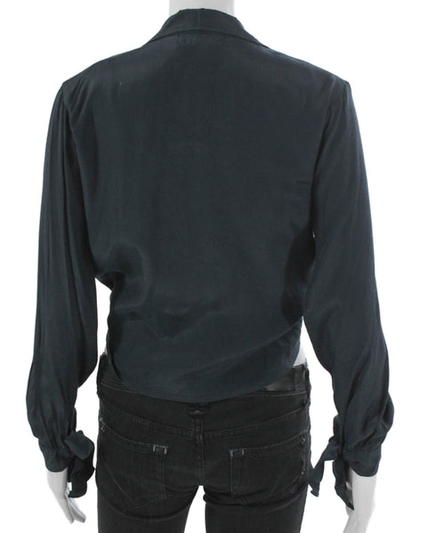 Faithfull Womens Cropped Blouse Collared Tie Long Sleeve Blue Viscose Size 2