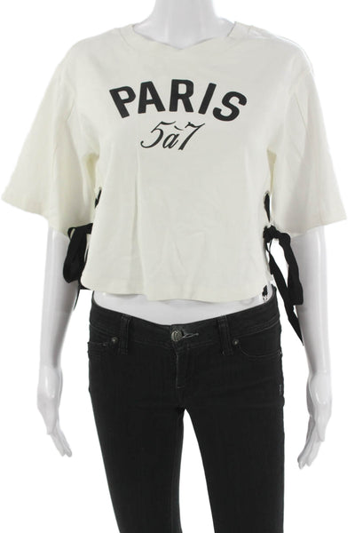 Cinq A Sept Women Cropped White Cotton Short Sleeve Round Neck T-Shirt Size XS