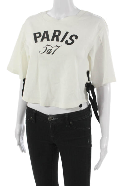 Cinq A Sept Women Cropped White Cotton Short Sleeve Round Neck T-Shirt Size XS