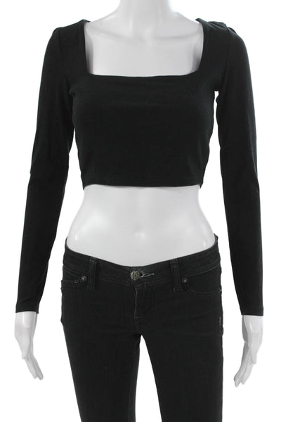 Zara Women Cropped Black Square Neck Long Sleeve T-Shirt Size M