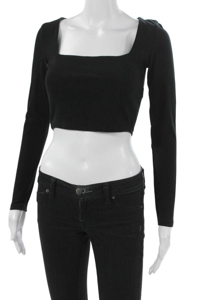 Zara Women Cropped Black Square Neck Long Sleeve T-Shirt Size M