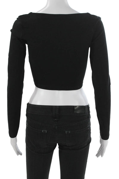 Zara Women Cropped Black Square Neck Long Sleeve T-Shirt Size M
