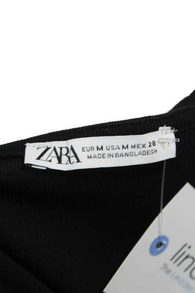 Zara Women Cropped Black Square Neck Long Sleeve T-Shirt Size M