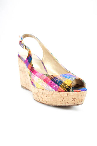Stuart Weitzman Multi Color Plaid Peep Toe Slingbacks Wedges Pumps Size 7