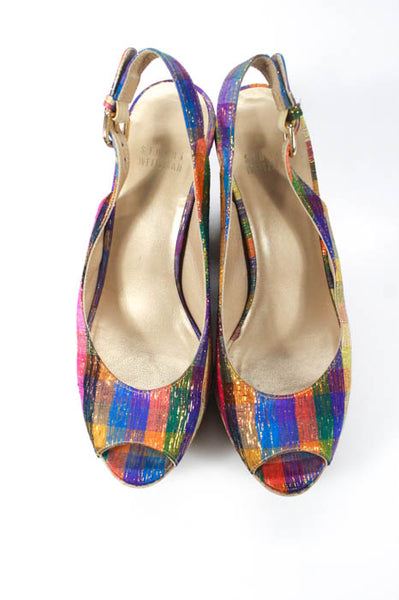 Stuart Weitzman Multi Color Plaid Peep Toe Slingbacks Wedges Pumps Size 7