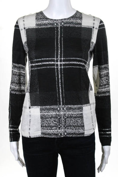 Akris Gray White Cashmere Silk Blend Plaid Check Scoop Neck Blouse Top Size 8