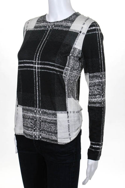 Akris Gray White Cashmere Silk Blend Plaid Check Scoop Neck Blouse Top Size 8