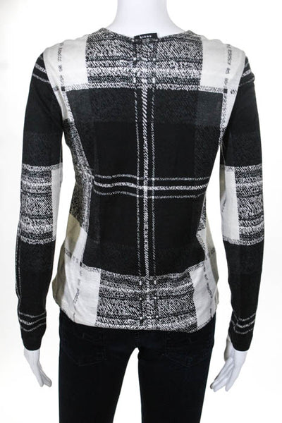Akris Gray White Cashmere Silk Blend Plaid Check Scoop Neck Blouse Top Size 8