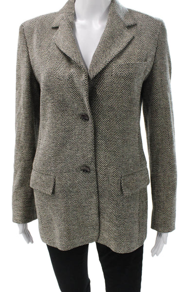 Max Mara Women Black Herringbone Wool Blend Blazer Long Sleeve Button Size 8