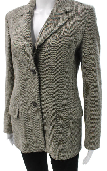 Max Mara Women Black Herringbone Wool Blend Blazer Long Sleeve Button Size 8