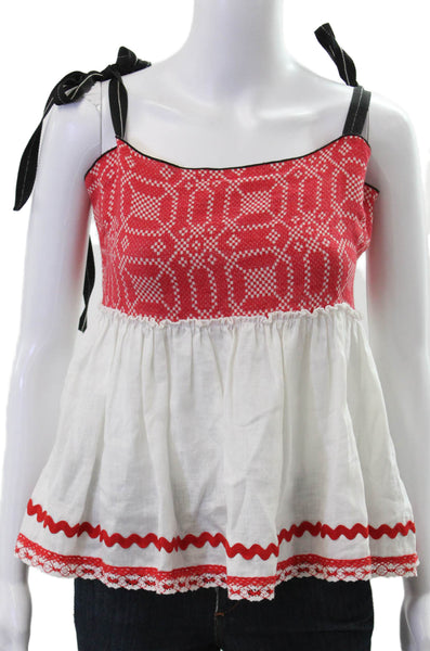 Devotion Women Red Linen Geometric Scoop Neck Camisole Sleeveless Size S
