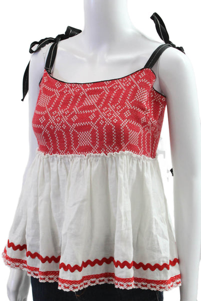 Devotion Women Red Linen Geometric Scoop Neck Camisole Sleeveless Size S