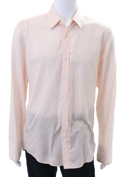 Boss Hugo Boss Mens Cotton Collared Striped Button Down Shirt Orange Size L