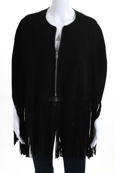 LaMarque Black Suede Zip Up Fringe Trim Poncho Size One Size New $199