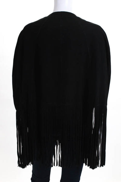 LaMarque Black Suede Zip Up Fringe Trim Poncho Size One Size New $199