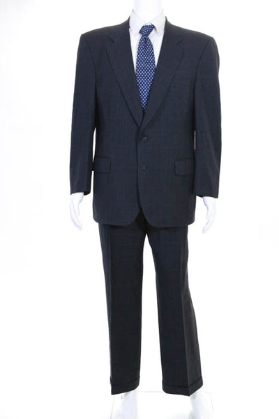 Burberry Navy Blue Wool Plaid Print  Two Button Blazer Pants Suit Size 38