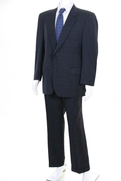 Burberry Navy Blue Wool Plaid Print  Two Button Blazer Pants Suit Size 38