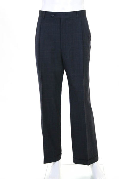 Burberry Navy Blue Wool Plaid Print  Two Button Blazer Pants Suit Size 38