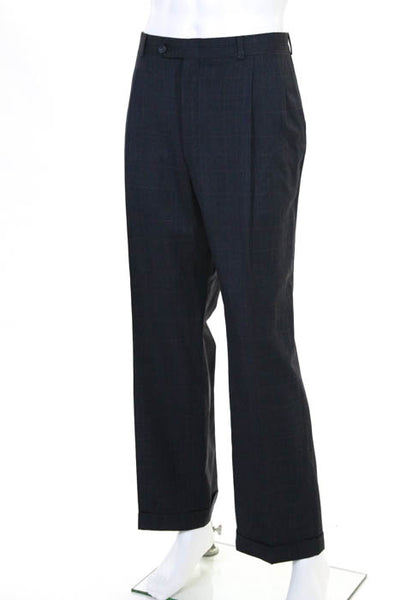 Burberry Navy Blue Wool Plaid Print  Two Button Blazer Pants Suit Size 38