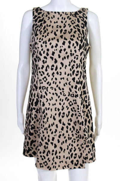 Tibi Black Brown Cotton Leopard Print Boat Neck Shift Dress Size 4