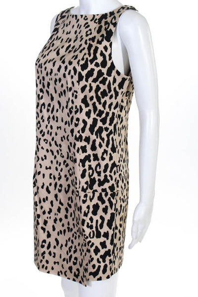 Tibi Black Brown Cotton Leopard Print Boat Neck Shift Dress Size 4
