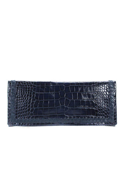 Elie Tahari Dark Blue Embossed Leather Large Flap Clutch Handbag
