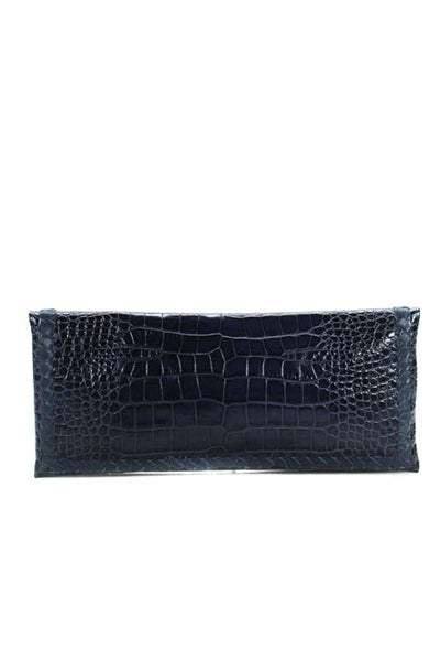 Elie Tahari Dark Blue Embossed Leather Large Flap Clutch Handbag