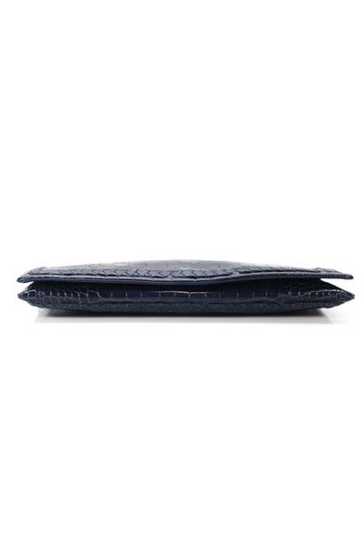 Elie Tahari Dark Blue Embossed Leather Large Flap Clutch Handbag