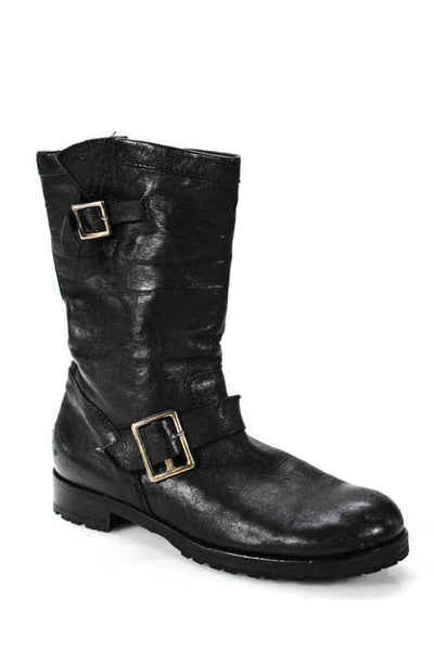 Jimmy Choo Black Leather Double Buckle Moto Boots Size 38.5 8.5