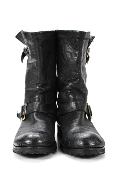 Jimmy Choo Black Leather Double Buckle Moto Boots Size 38.5 8.5
