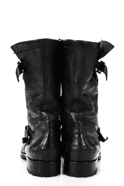 Jimmy Choo Black Leather Double Buckle Moto Boots Size 38.5 8.5