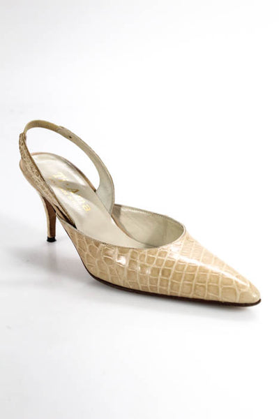 Ti ama Beige Alligator Skin Almond Toe Slingback High Heel Pumps Size 36.5 6.5