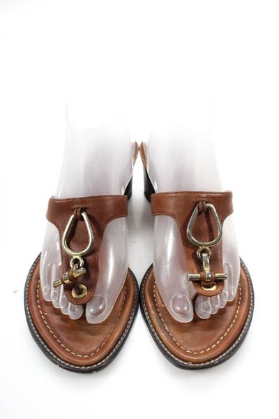 Stuart Weitzman Brown Gold Tone Hardware T Strap Slide On Heels Size 7.5