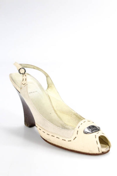 Fendi Womens Pumps Size 40 10 Off White Leather Peep Toe Slingback Wedges