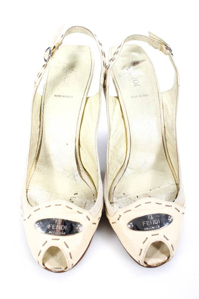 Fendi Womens Pumps Size 40 10 Off White Leather Peep Toe Slingback Wedges