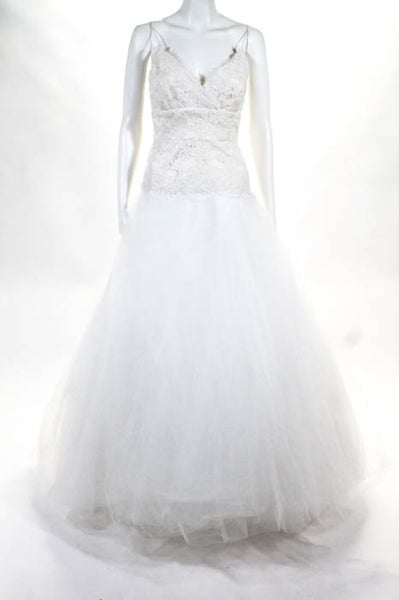 Monique Lhuillier Womens Wedding Dress Size 2 White Lace Full Length