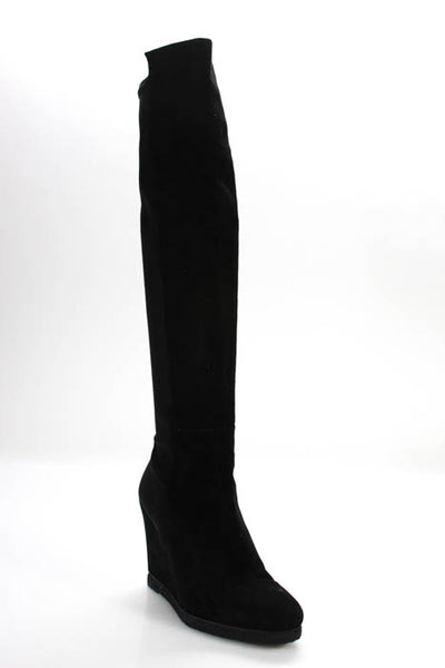 Stuart Weitzman Women's Boots Size 9.5 Black Suede Wedge Heel 50/50 Over Knee
