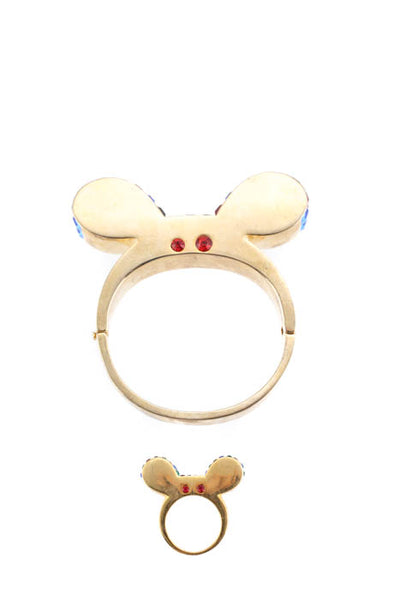 Designer Gold Tone Metal Bangle Bracelet Ring Set Jewel Accent Mouse Ears Lot 2