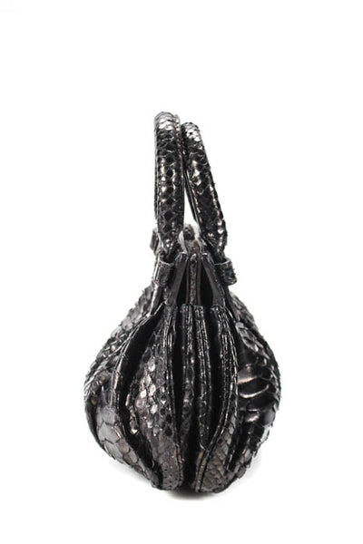 ZAGLIANI Womens Handbags Black Laminated Python XS Puffy Satchel