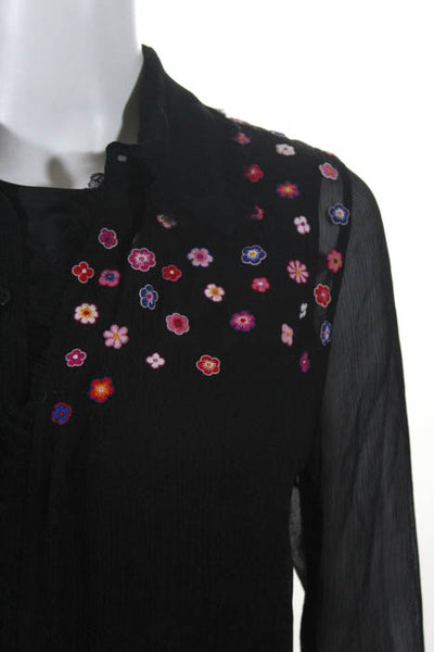 Jupe By Jackie Womens Blouses Size Medium Black Silk Top Stitched Long Sleeve