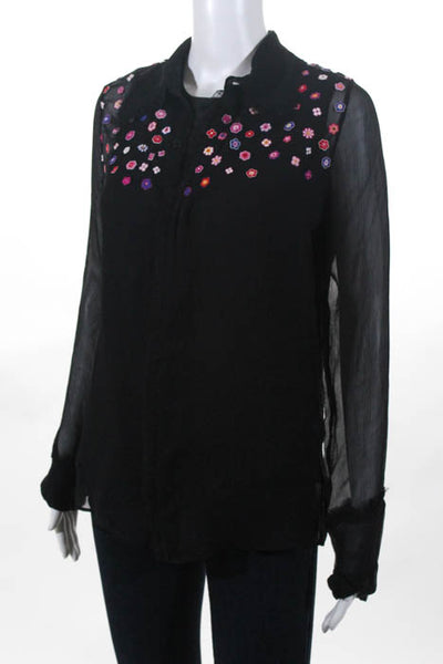 Jupe By Jackie Womens Blouses Size Medium Black Silk Top Stitched Long Sleeve