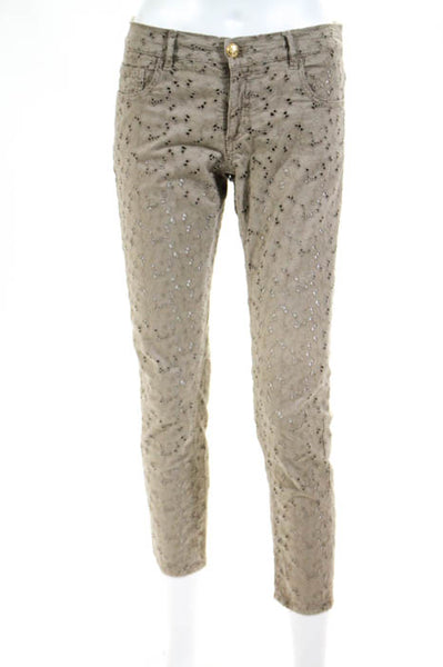 Monocrom Womens Jeans Size 25 Beige Floral Eyelet Cotton Low Rise Skinny Leg