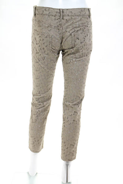Monocrom Womens Jeans Size 25 Beige Floral Eyelet Cotton Low Rise Skinny Leg