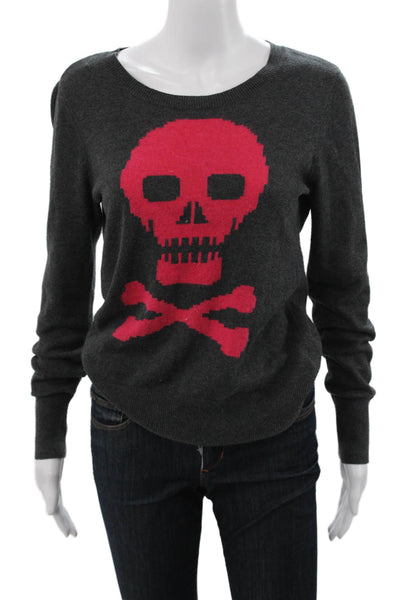 Halogen Women Gray Cotton Skull Pullover Sweater Long Sleeve Round Neck Size S