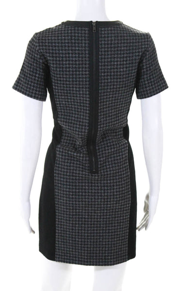 J Crew Womens Crew Neck A-Line Dress Black Gray Houndstooth Wool Leather Size 0