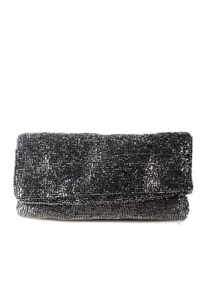 Club Monaco Womens Fold-Over Flap Metallic Beaded Clutch Handbag Silver