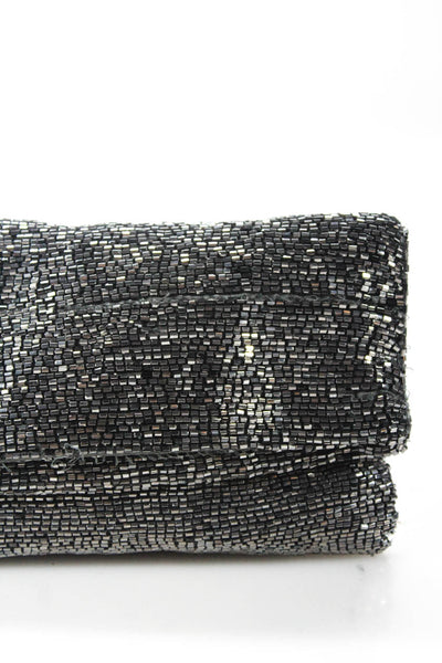 Club Monaco Womens Fold-Over Flap Metallic Beaded Clutch Handbag Silver