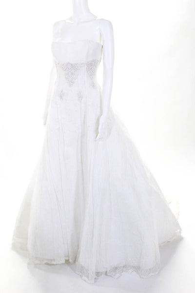 Badgley Mischka Womens Strapless Lace Sequin Wedding Ball Gown White Size 4