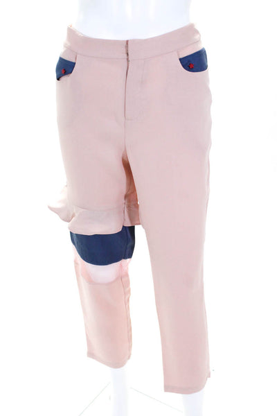 W By WenJun Womens Asymmetric Mesh Inset Pants Pink Blue Silk Size Medium