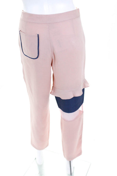 W By WenJun Womens Asymmetric Mesh Inset Pants Pink Blue Silk Size Medium